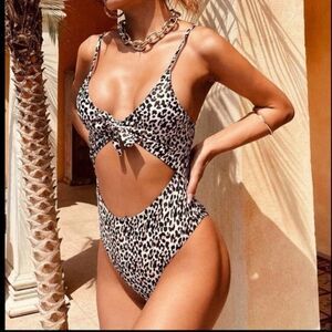 SHEIN Leopard Cut-out Knot Front One Piece Swimsuit Size Medium